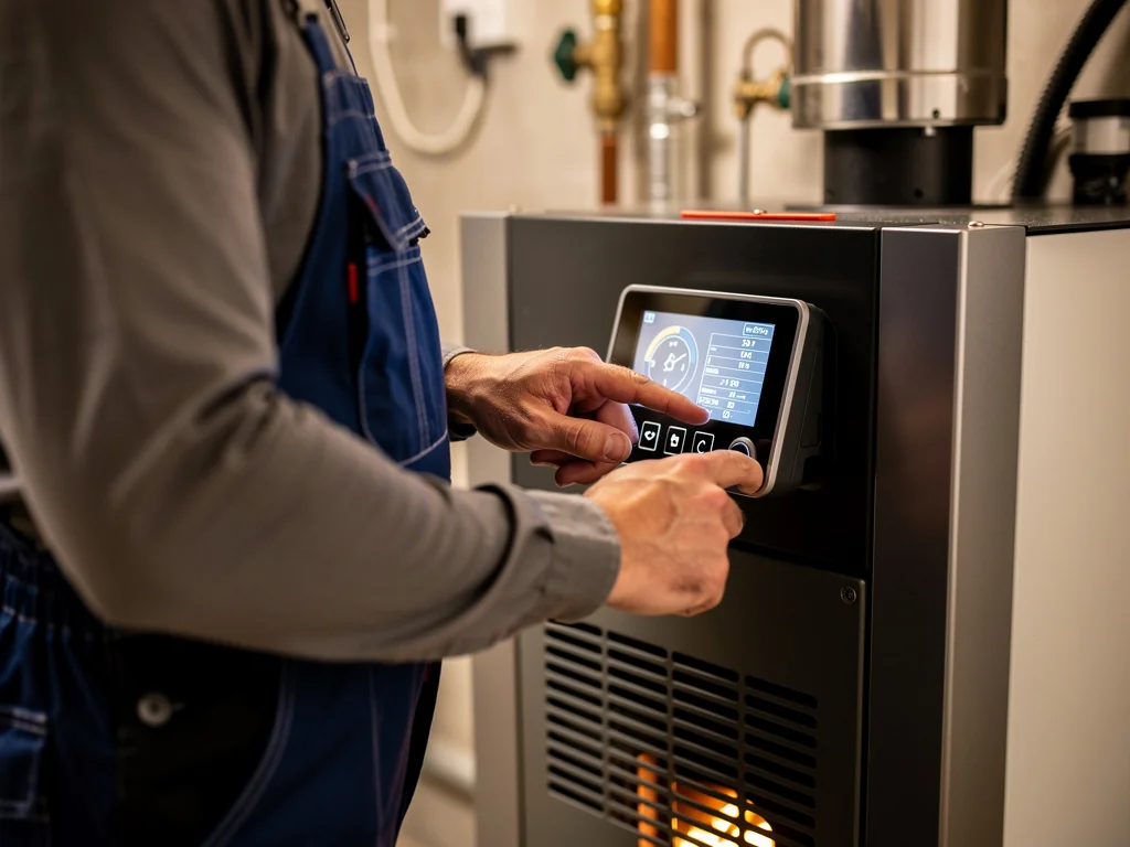 Installateur réglant la combustion d'un poêle à granulés bouilleur